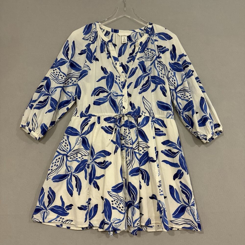 H&M Babydoll Mini Dress Small White Blue Floral Tie Waist Lined Coastal
